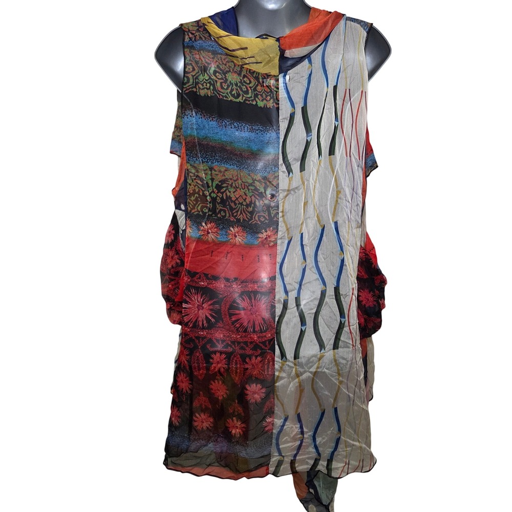 Feratelli XL Colorful Patchwork Sheer Chiffon Duster Vest Boho Artsy Lagenlook - Picture 7 of 7